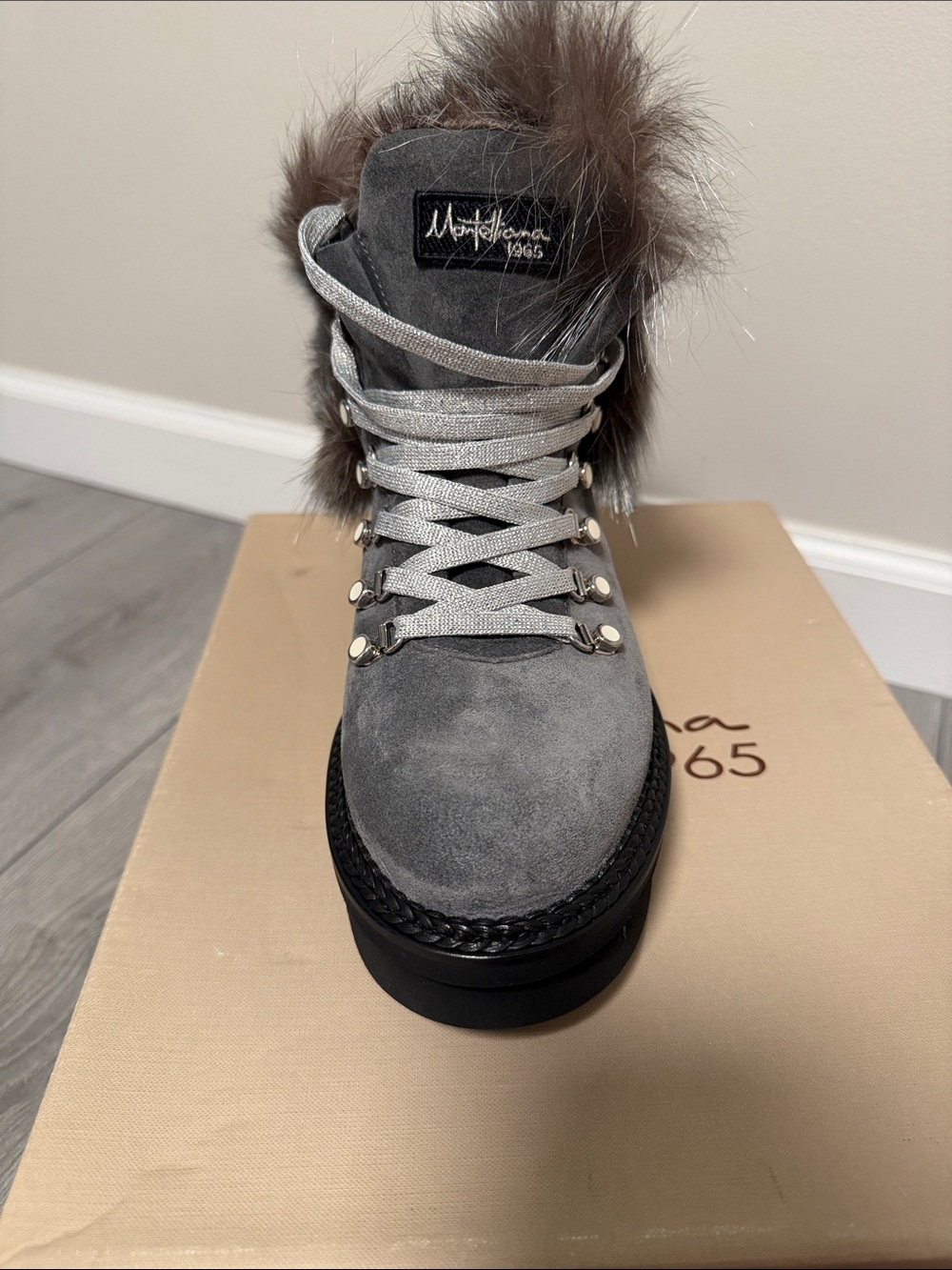 Gray Suede Fur Trim Women's Ankle Boot - Picture 2 of 6